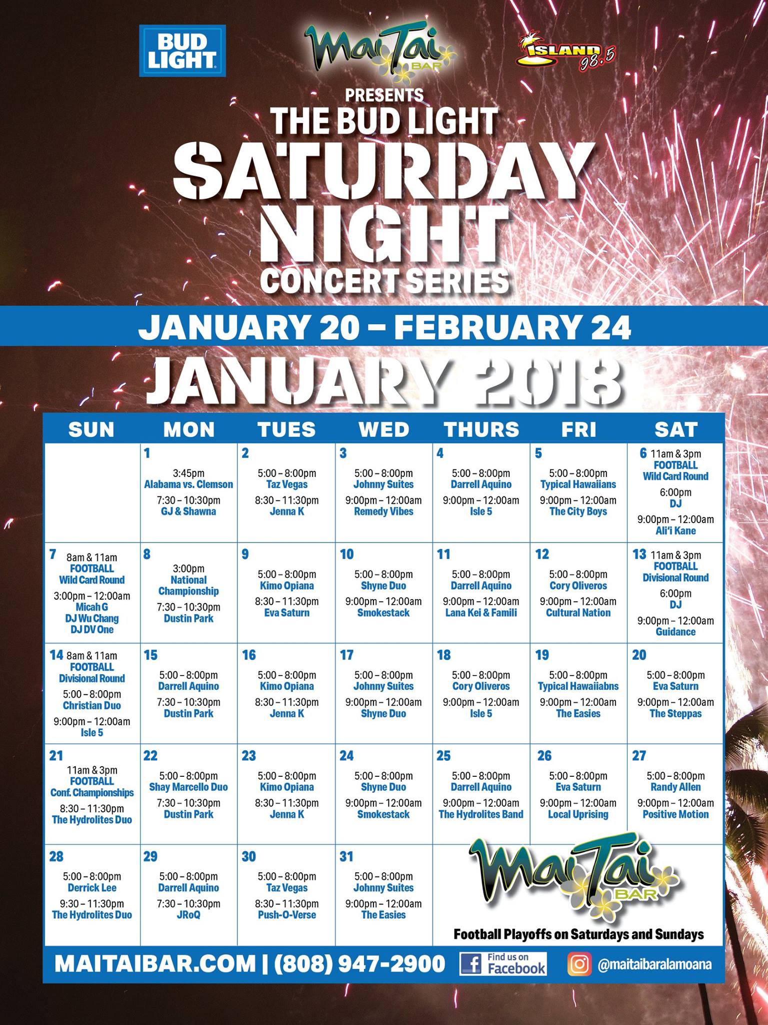 Mai Tai Bar JANUARY 2018 Event Calendar Ala Moana Honolulu, Hawaii